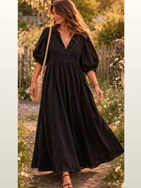 Black Swiss Dot Empire Cotton Maxi Dress M Puff Sleeve Prairie Cottagecore NWOT